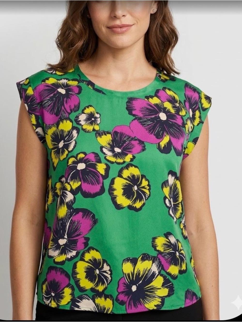 J. Crew Green Floral Cap-Sleeve Camisole with Purple & Yellow Blooms